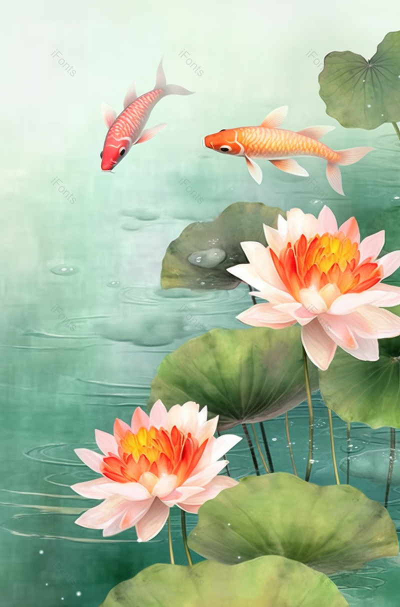 池塘鲤鱼荷花池背景插画图,插画/手绘图,插画/手绘图库,插画/手绘图下载,插画/手绘